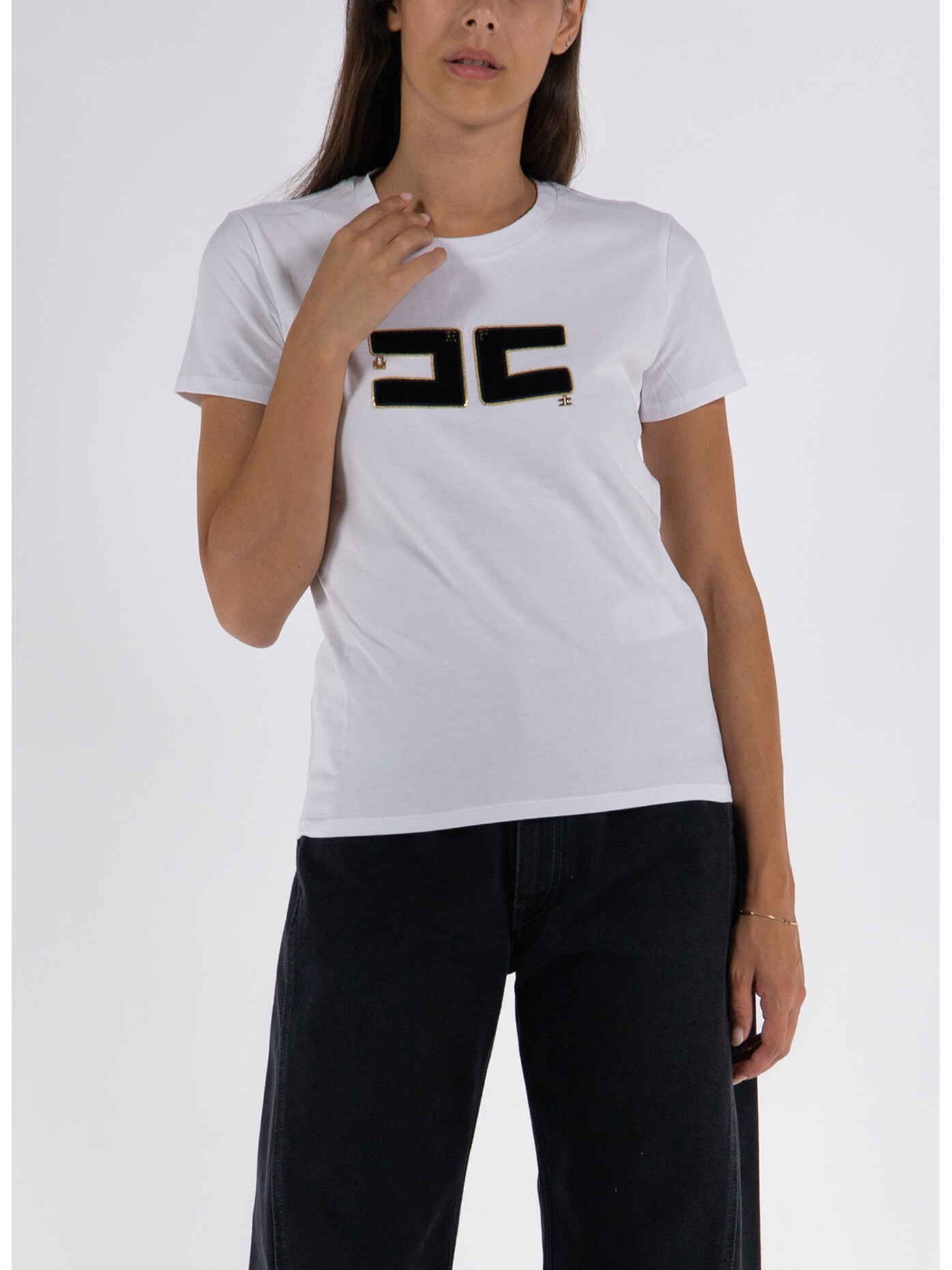 ELISABETTA FRANCHI T-SHIRT IN COTONE CON LOGO IN VELLUTO Bianco Donna