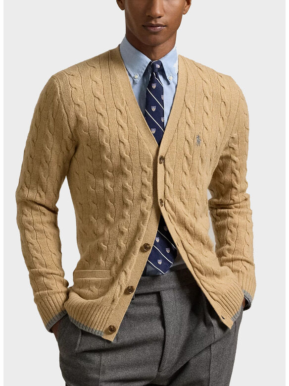 CARDIGAN IN COTONE TRECCIATO, CAMEL MELANGE, medium