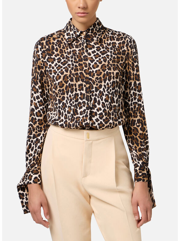 CAMICIA IN GEORGETTE ANIMALIER CON POLSINI A NASTRO, B85 ANIMALIER, medium